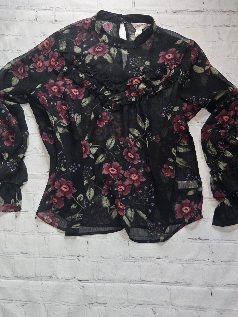 Arizona Jean Company Black Sheer Blouse with Pink Floral Print